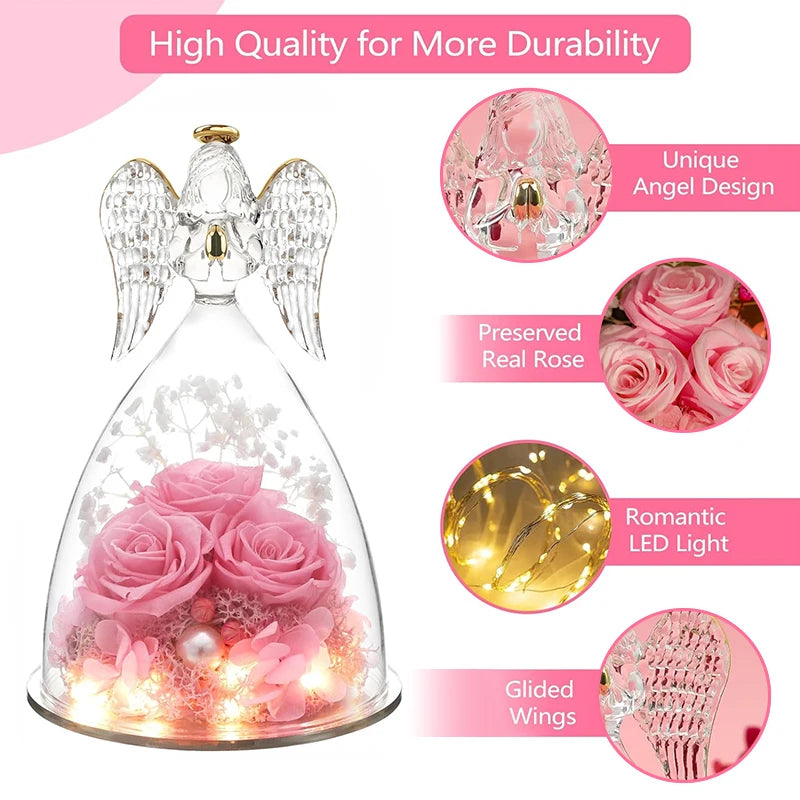 LED Glass Rose Angel Statues Eternal True Rose Glass Angel For Delivery Prime Today Valentine'S Day Mother'S Day Birthday Gifts