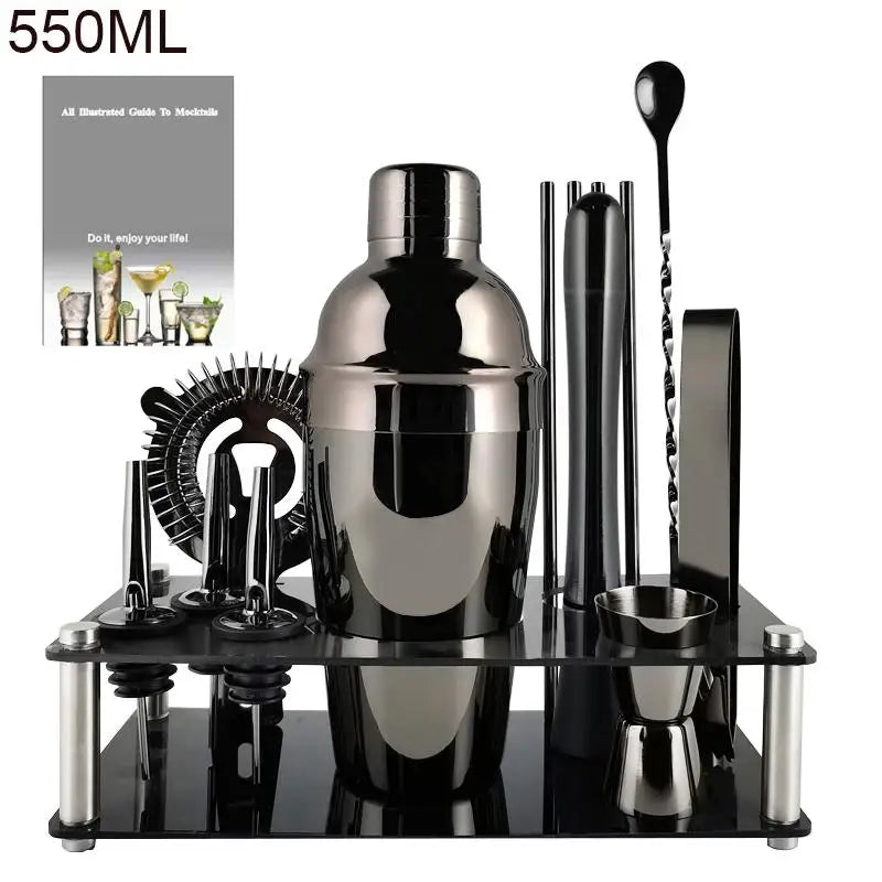 Bartender Kit, 13 Piece Black/Rose Gold Cocktail Shaker Set Stainless Steel Bar Tools with Black Stand, 550ml, 800/600ml Shaker