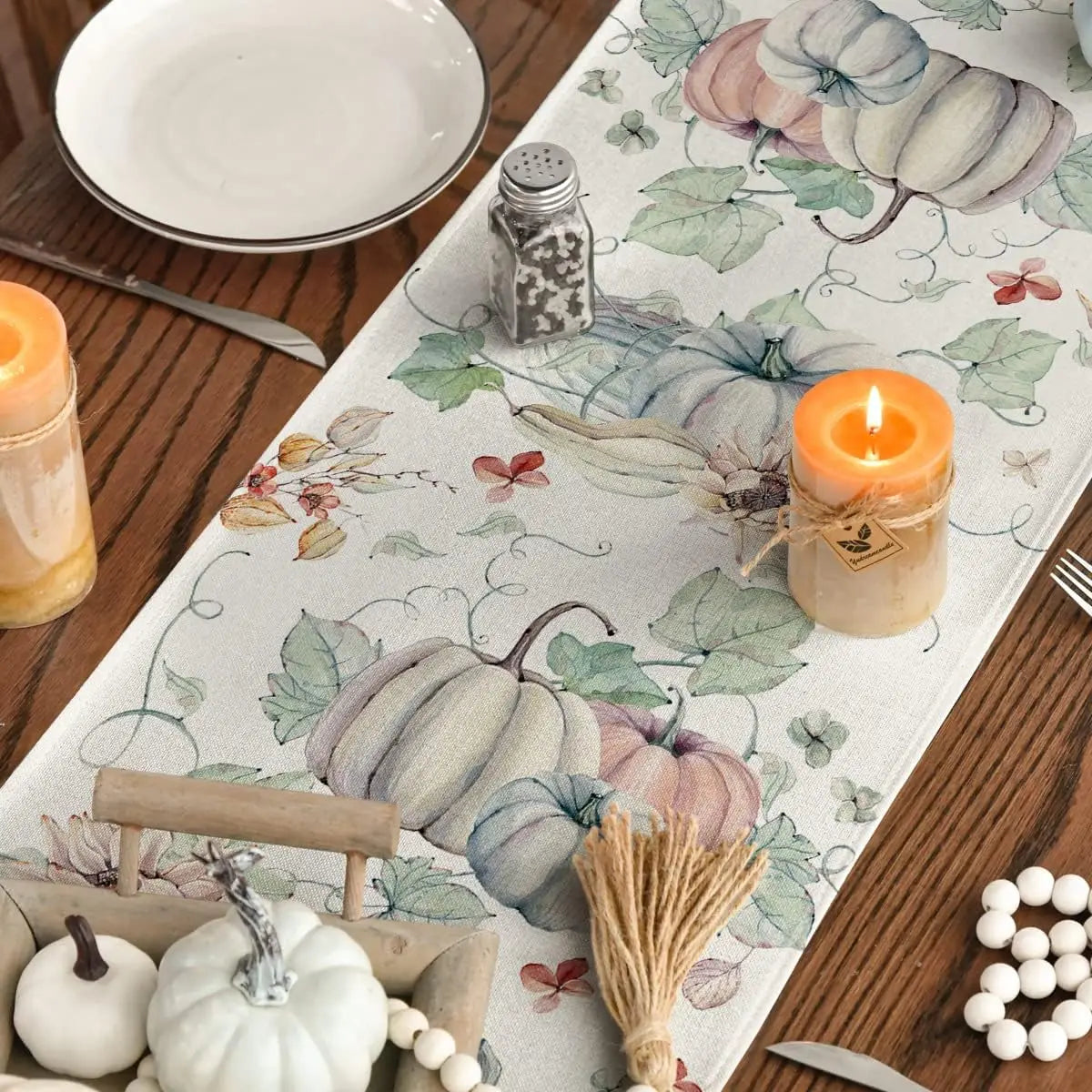 Fall Pumpkins Flowers Leaves Linen Table Runners Seasonal Autumn Thanksgiving Dresser Scarf for Kitchen Party Dining Table Decor