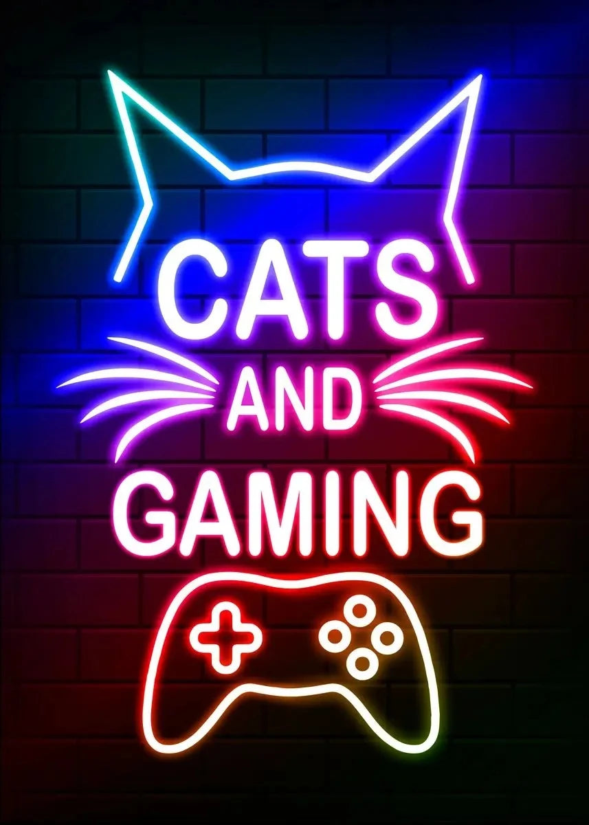 Nordic Neon Cat and Gaming Controller Quotes HD Posters Canvas Painting for Wall Art Mural Gamer Boys Girls Room Decor No Lights