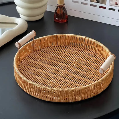 1/3 Piece Hand Woven Imitation Rattan Round Storage Tray Wooden Vintage Imitation Rattan Fruit Basket Snack Tray Storage Tray