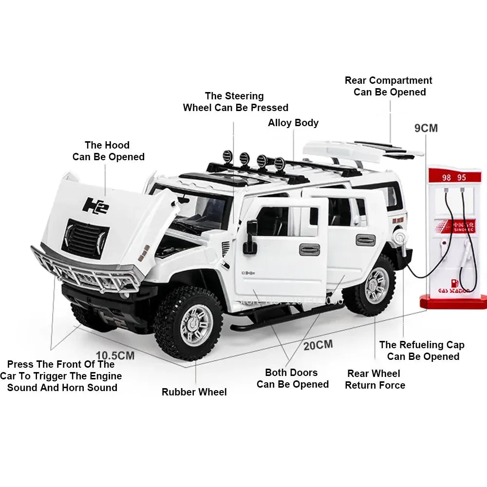 1:24 Hummer H2 Alloy Car Model Diecasts Toy Vehicles with Light and Sound Pull Back Off-road Vehicles for Child Collection Toys