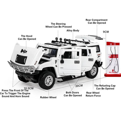 1:24 Hummer H2 Alloy Car Model Diecasts Toy Vehicles with Light and Sound Pull Back Off-road Vehicles for Child Collection Toys