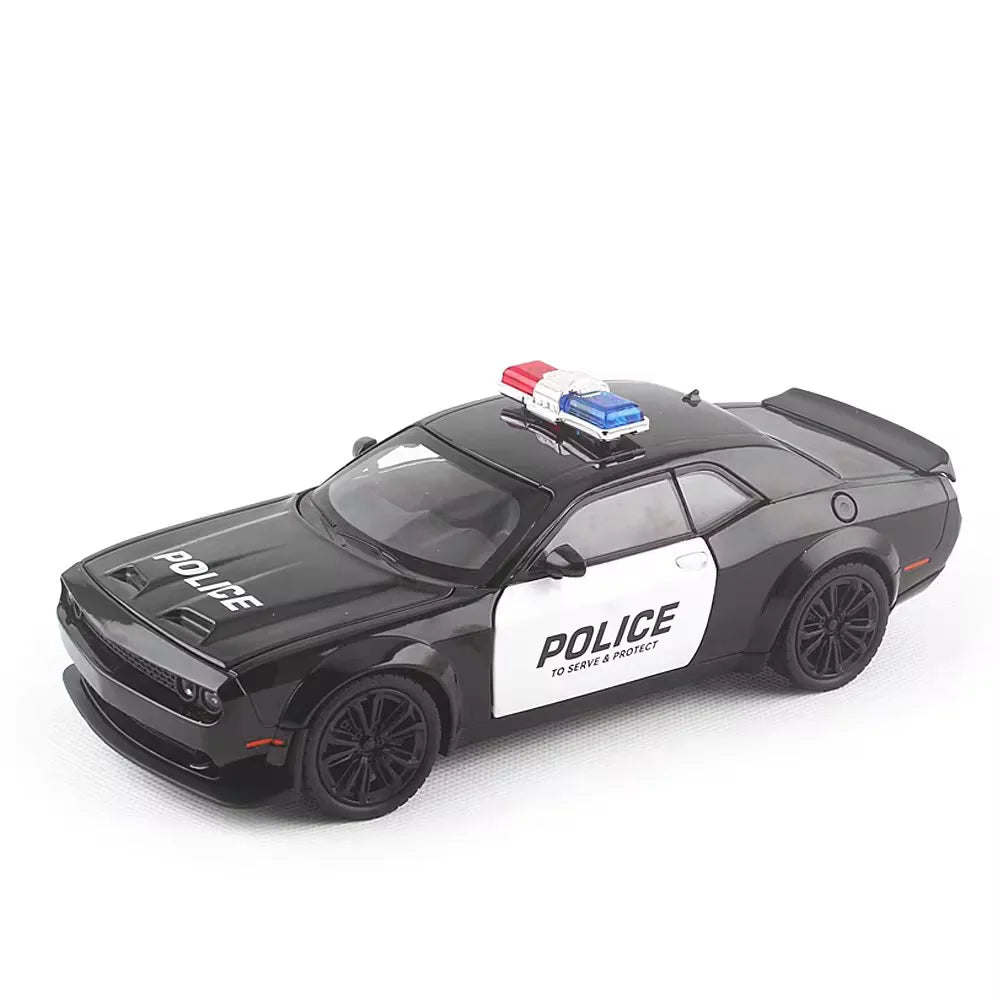 1:22 Alloy Diecast Challenger SRT Hellcat Police Cars Model Toys Demon Eyes 4 Doors Opened with Sound Light Toy Vehicle for Boys