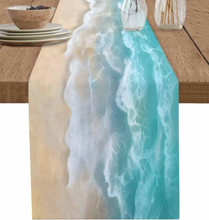 Turquoise Sea Turtle Beach Wave Linen Table Runner Holiday Party Decor Summer Ocean Turtle Table Runners for Kitchen Table Decor
