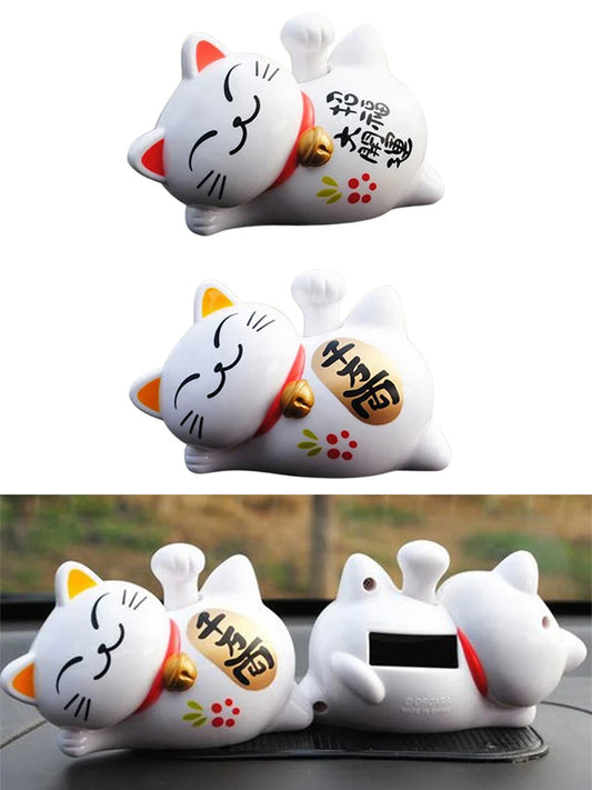 1pcs Chinese Lucky Waving Cat Beckoning Maneki Neko Fortune Feng Shui Solar Powered Home Decor Art DIY Ornament Room Car Decor
