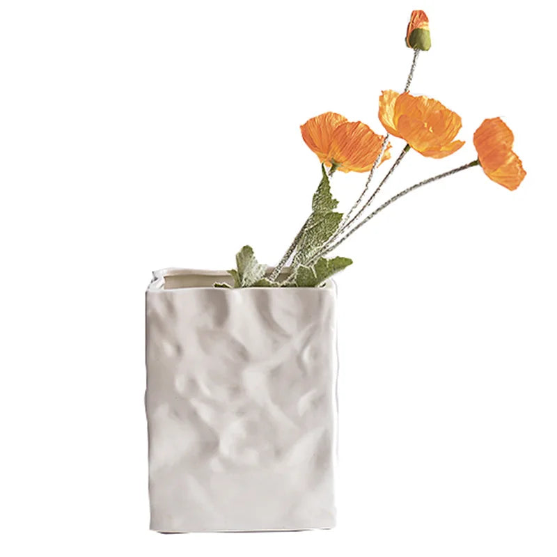 Simple cream style imitation paper bag pleated ceramic vase Hydroponic vase Home decoration room decoration ins simple