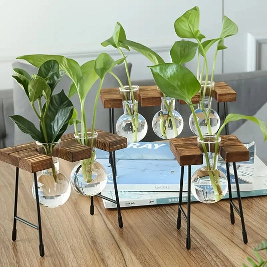 Creative Wooden Frame Hydroponic Plant Container Glass Light Bulb Vase Home Desktop Decoration Vase Beaker Glass Flowerpot ﻿