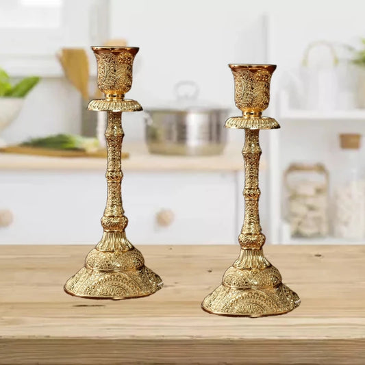 2 Pcs Brass Pillar Candlestick Metal Taper Holders Home Decor for Wedding Party Dinner Table Christmas Ornament