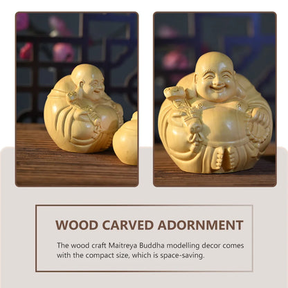 Natural Wood Carved Craft Adorn Wooden Maitreya Buddha Figurine Decor Artistic Ornament