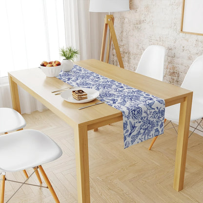 Blue White Florals Birds Monochrome Sketch Linen Table Runner Party Decor Retro Flowers Kitchen Dining Table Runners Table Decor