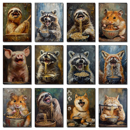 Lamian Noodles Animal Raccoon Hamster Bear Poster Canvas Printing Vintage Animals Kitchen Art Decor Home Dining Room Decoration