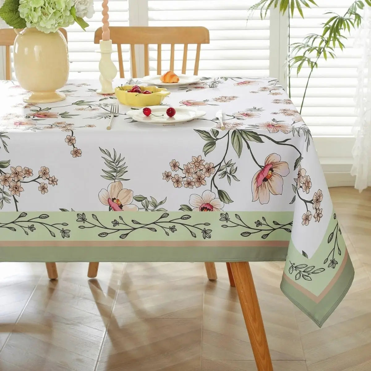 Spring Cherry Blossom Sage Waterproof Tablecloth Wedding Party Decor Washable Rectangle Table Cloth Outdoor Picnic Table Decor