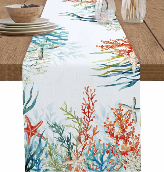 Summer Coral Starfish Linen Table Runner Wedding Party Decor Blue Ocean Colorful Coral Table Runners Kitchen Dining Table Decor