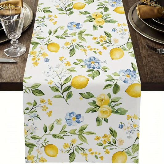 Summer Watercolor Lemon Floral Linen Table Runner Wedding Party Decor Colorful Flowers Leaves Table Runners Kitchen Table Decor