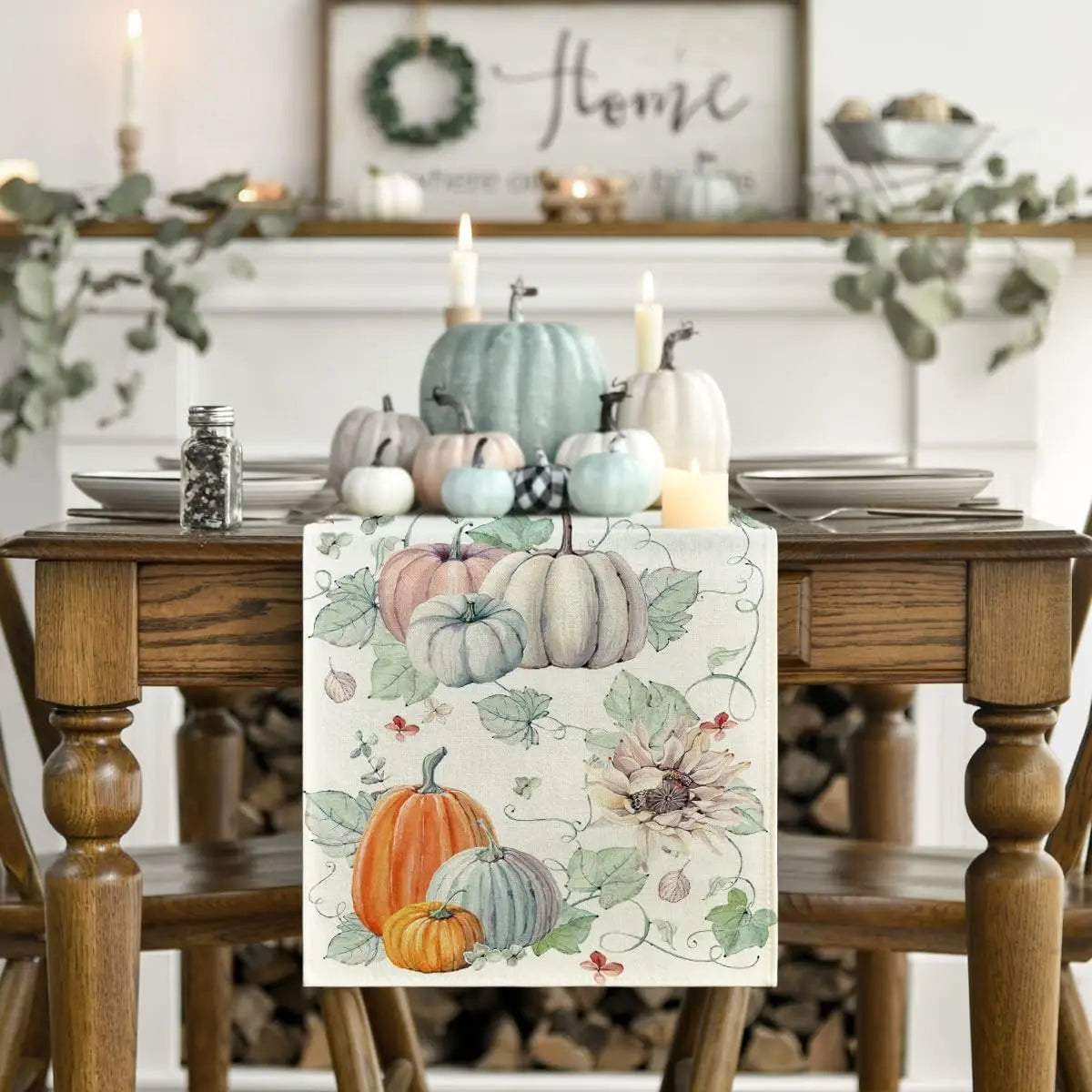 Fall Pumpkins Flowers Leaves Linen Table Runners Seasonal Autumn Thanksgiving Dresser Scarf for Kitchen Party Dining Table Decor