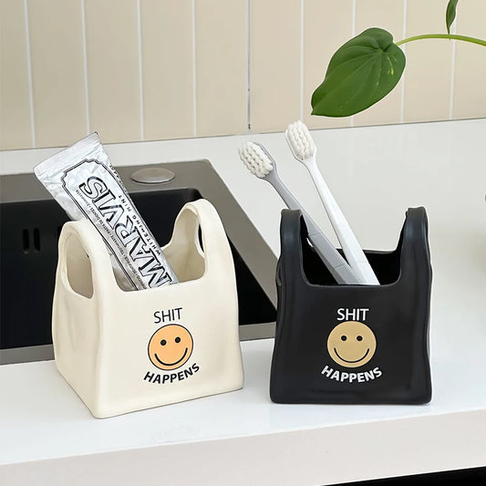 Creative Cute Tote Bag Smiling Face Pen Holder Office Desktop Decoration Stationery Multifunctional Storage Bucket