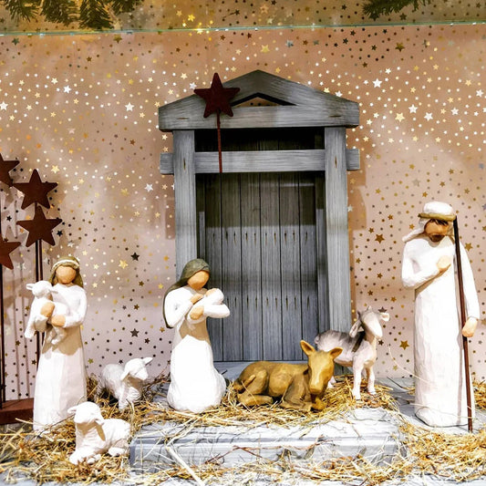 7-teiliges Krippen-Geburtshaus-Set, handgezeichnete Weidenbaumfiguren-Statuen, Glaube, Jahrestag, Erntedankfest, Weihnachten
