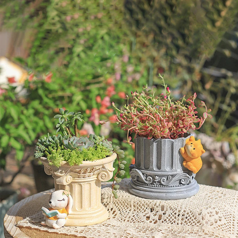 Römische Säule, griechische Säulen-Pflanzgefäße, Cartoon-Tiere-Blumentopf für Sukkulenten, Tischdekoration, Hausgarten-Ornament