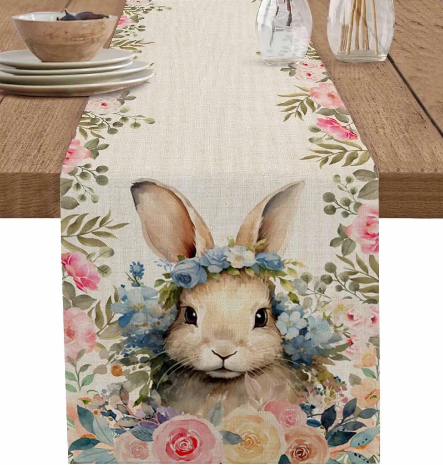 Easter Rabbit Bunny Rose Linen Flowers Table Runner Holiday Party Decor Spring Floral Botanical Table Runners Easter Decorations