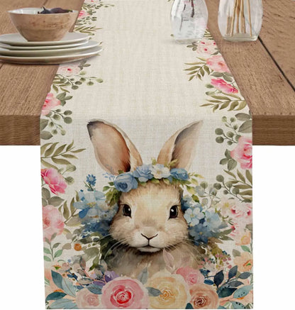 Easter Rabbit Bunny Rose Linen Flowers Table Runner Holiday Party Decor Spring Floral Botanical Table Runners Easter Decorations