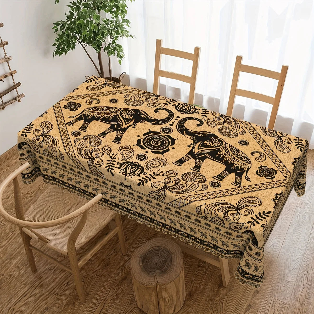 Country Style Elephant Flowers Plants Tablecloth Home Decorations Farmhouse Tribal Rectangle Table Cloth for Kitchen Table Decor