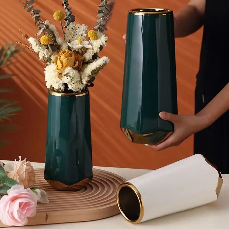 Vase en céramique Simple, ancre dorée, bouche de feuille de lotus, décoration d'eau créative, décoration de table à manger de salon