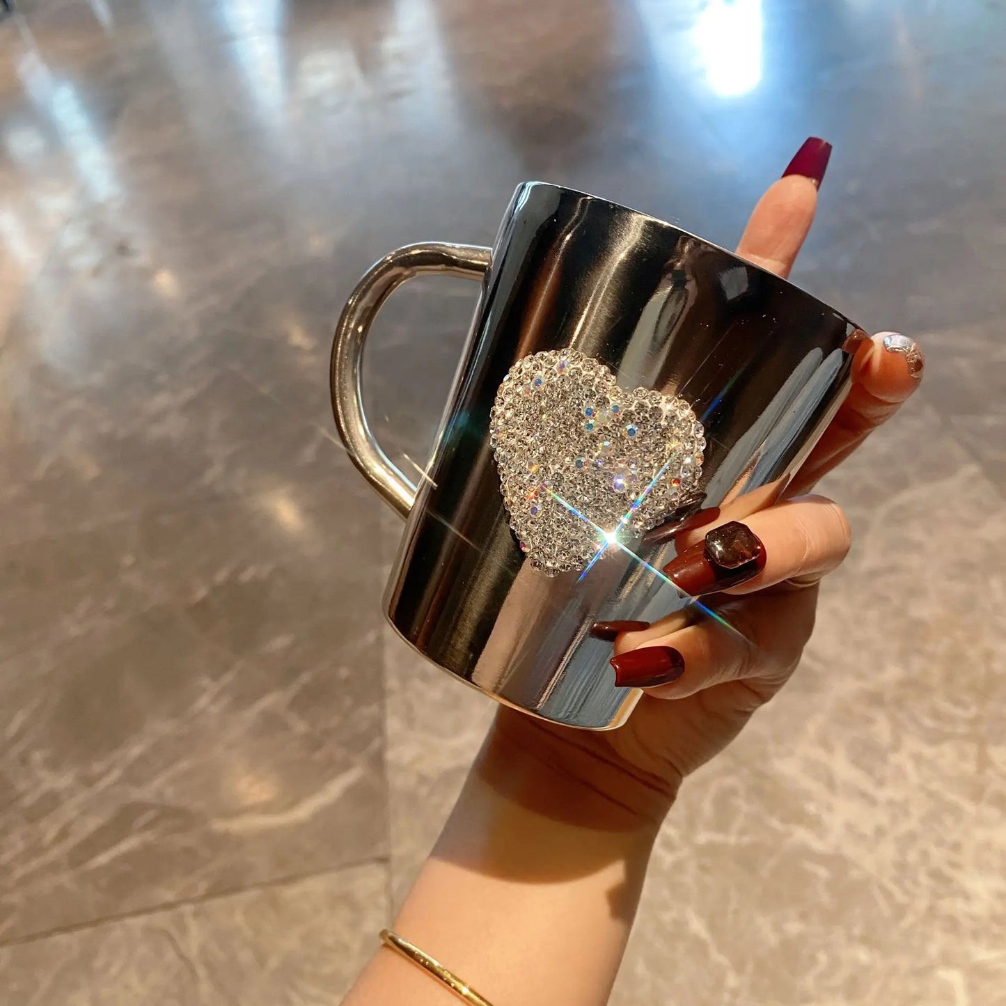Sparkling Diamond Heart Stainless Steel Coffee Mug | BPA-Free, Shatterproof, Perfect for Hot Drinks