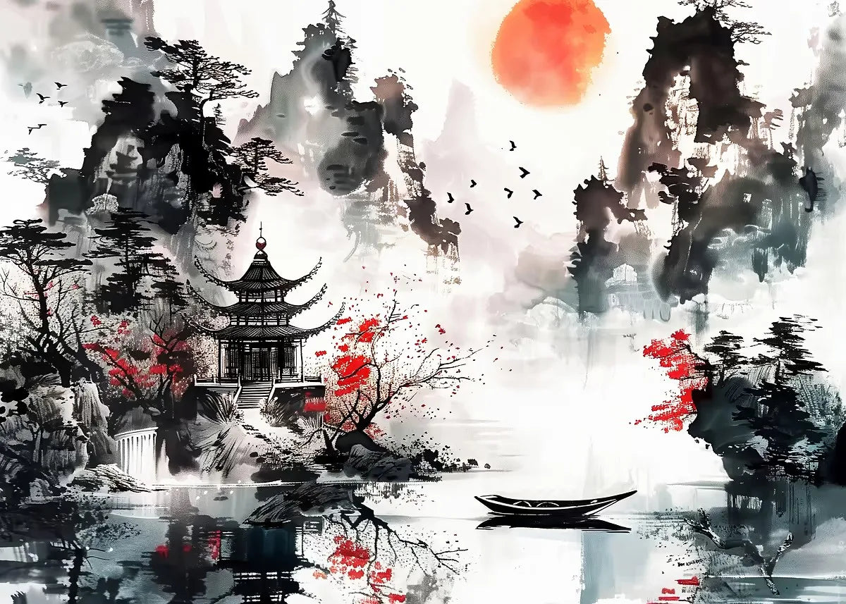 Japanese Landscape Ink Painting Poster Mountain Cherry Blossom Flowers Samurai Dragon Koi Canvas Picture Wall Art Home Decor