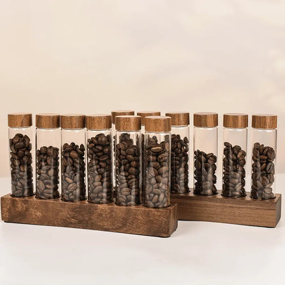 Walnut Solid Wood Coffee Bean Canister Display Stand Borosilicate Glass Tube Coffee Bean Storage And Sealing Tool for The Home