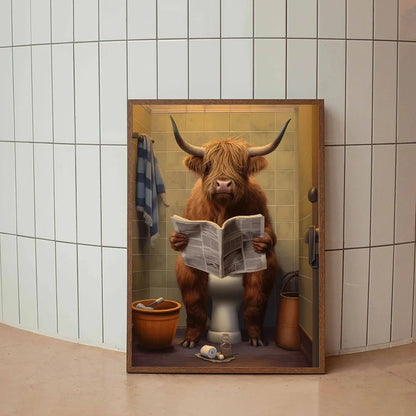 Highland Cow Sheep Mouse Sitting on The Toilet Reading Newspaper Poster Animal Print Canvas Painting Funny Bathroom Wall Decor