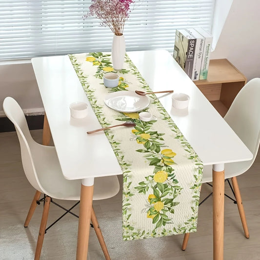Spring Lemon Flowers Leaf Linen Table Runner Holiday wedding Party Decor Seasonal Summer Floral Plants Table Runners Table Decor