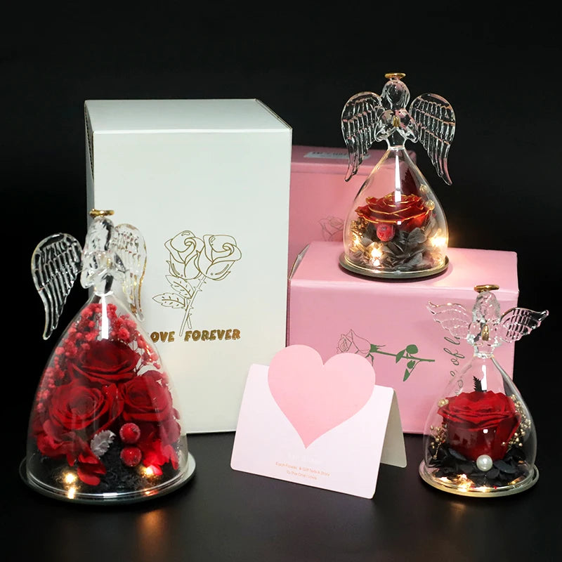 LED Glass Rose Angel Statues Eternal True Rose Glass Angel For Delivery Prime Today Valentine'S Day Mother'S Day Birthday Gifts