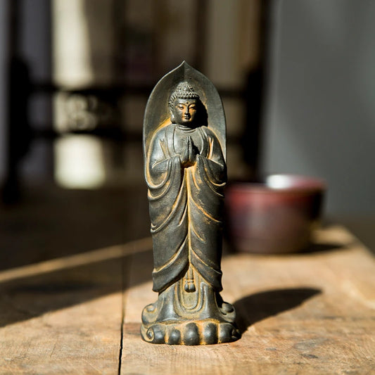 Zen Buddha Ornaments Standing with Hands Folded Tathagata Buddha Sakyamuni Imitation Cast Iron Desktop Ornament Art Figurine