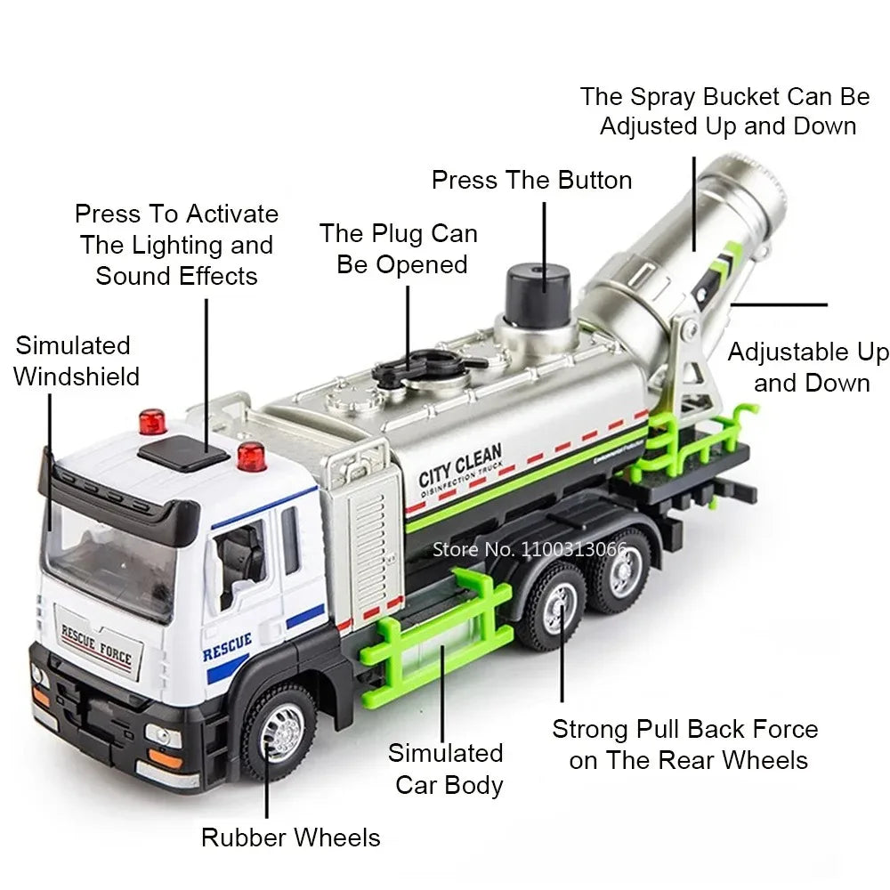 1:32 Urban Sweeping Trucks Toys Models Cars Doors Opened Pull Back Anti Haze Truck Miniature Sanitation Vehicles for Child Gifts