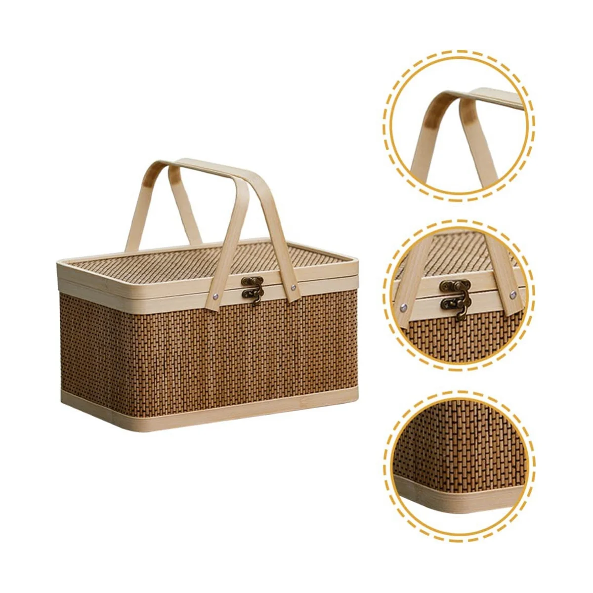 Bamboo Basket Natural -Friendly Woven Basket Bamboo Picnic Basket with Lid Handheld Snacks Bread Storage Basket