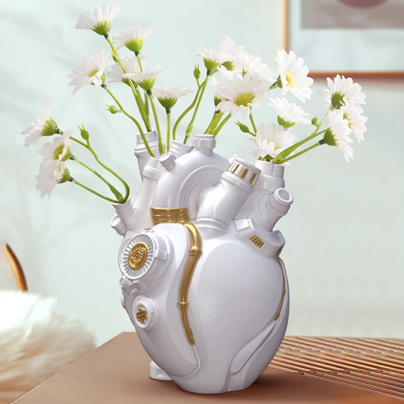 ERMAKOVA Mechanical Heart Vase Home Desktop Decoration Crafts Resin Home Flower Arrangement Decoration Ornaments