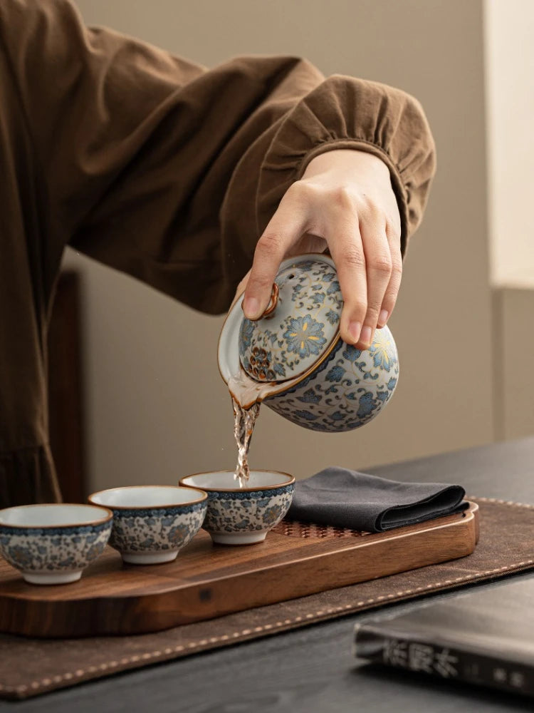 Tea Set Outdoor Travel Portable Tea Set ‌Zen Gradient Lotus Teapot & 2 Cups Ceramic Tea Kit for Camping & Meditation Gift Set