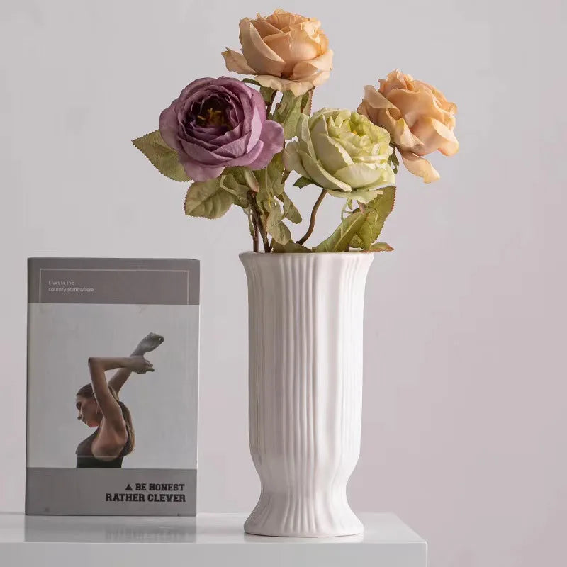 White Nordic Large Mouth Minimalist Ceramic Decorative Dry Flower Vases Living Room Flower Arrangement Tabletop Decorations