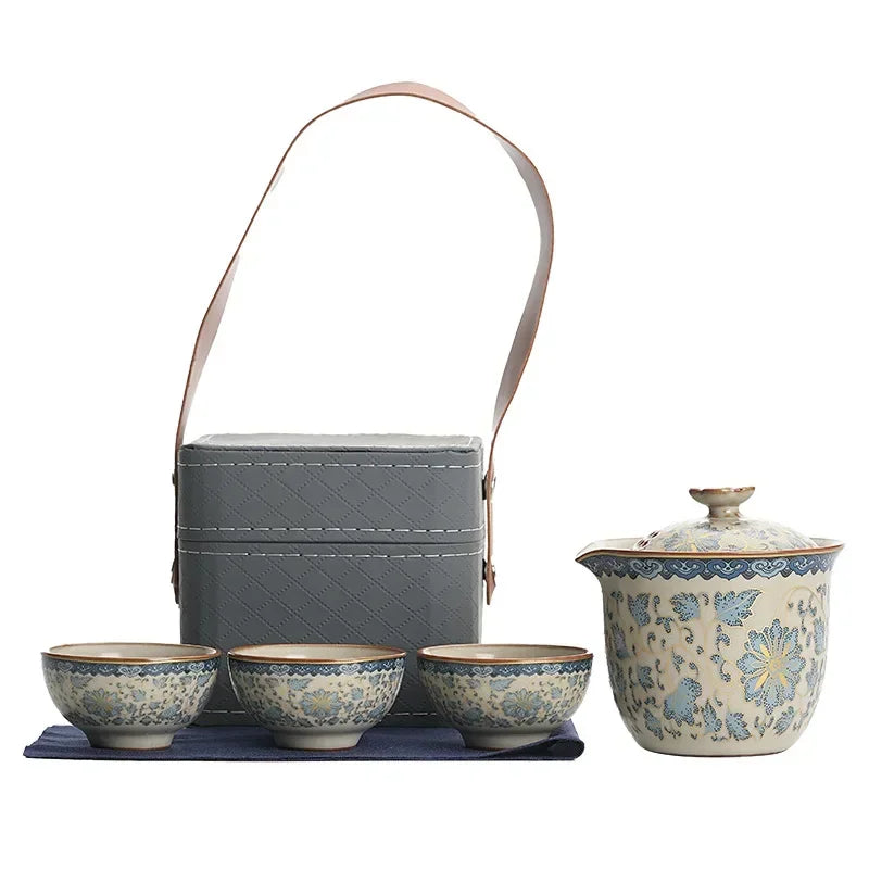 Tea Set Outdoor Travel Portable Tea Set ‌Zen Gradient Lotus Teapot & 2 Cups Ceramic Tea Kit for Camping & Meditation Gift Set