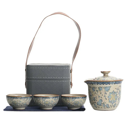Tea Set Outdoor Travel Portable Tea Set ‌Zen Gradient Lotus Teapot & 2 Cups Ceramic Tea Kit for Camping & Meditation Gift Set