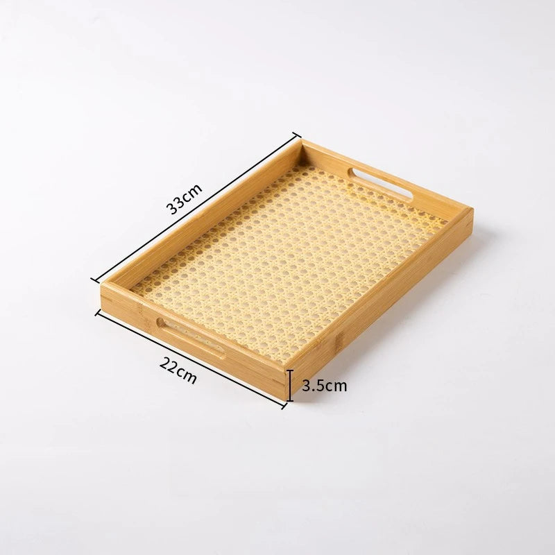 Rattan Bamboo Serving Tray with Handles Decorative Food Serving Trays Basket Serving Tray for Ottoman Coffee Table Kitchen Couch