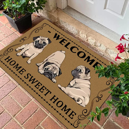 Retro-style Pug Letter Welcome Door Mat Living Room Bedroom Bathroom Entrance Non-slip Floormat Balcony Hallway Laundry Room Rug