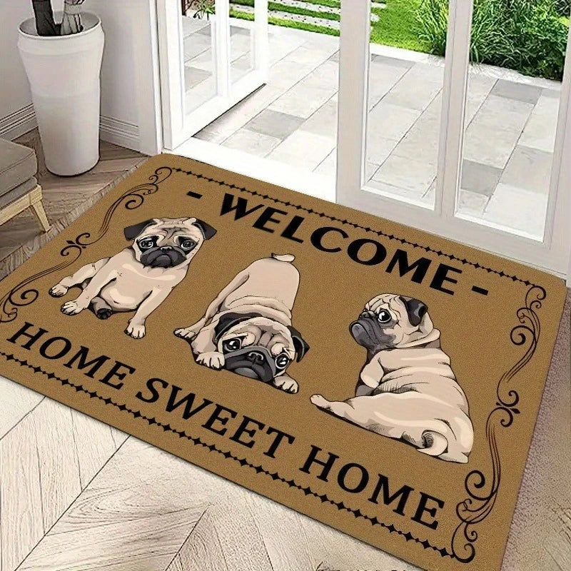 Retro-style Pug Letter Welcome Door Mat Living Room Bedroom Bathroom Entrance Non-slip Floormat Balcony Hallway Laundry Room Rug