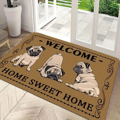 Retro-style Pug Letter Welcome Door Mat Living Room Bedroom Bathroom Entrance Non-slip Floormat Balcony Hallway Laundry Room Rug