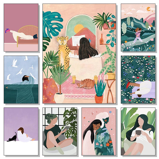 Abstract Tropical Jungle Girl Poster Print Canvas Painting Nordic Minimalistic Landscape Wall Art Pictures for Living Room Decor