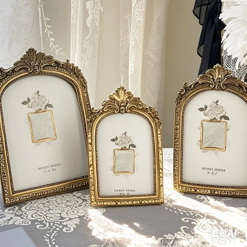 European Retro Gold Arched Carved Picture Frame Elegant Room Decoration Gold Wall Mounted Picture Frame Desktop Decoration