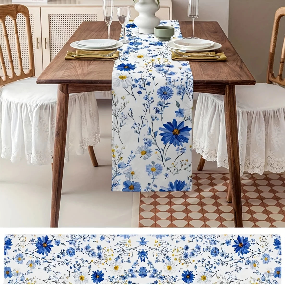 Blue White Daisy Wildflowers Linen Table Runner Wedding Decor Farmhouse Holiday Kitchen Dining Table Runners Picnic Party Decor