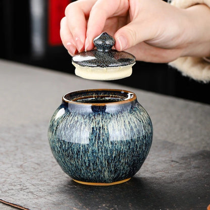 Painted Texture Tea Canister Sealed Ceramic Tea Caddy Storage Jar with Lid Coffee Table Desk Decoration General Jar Candy Can