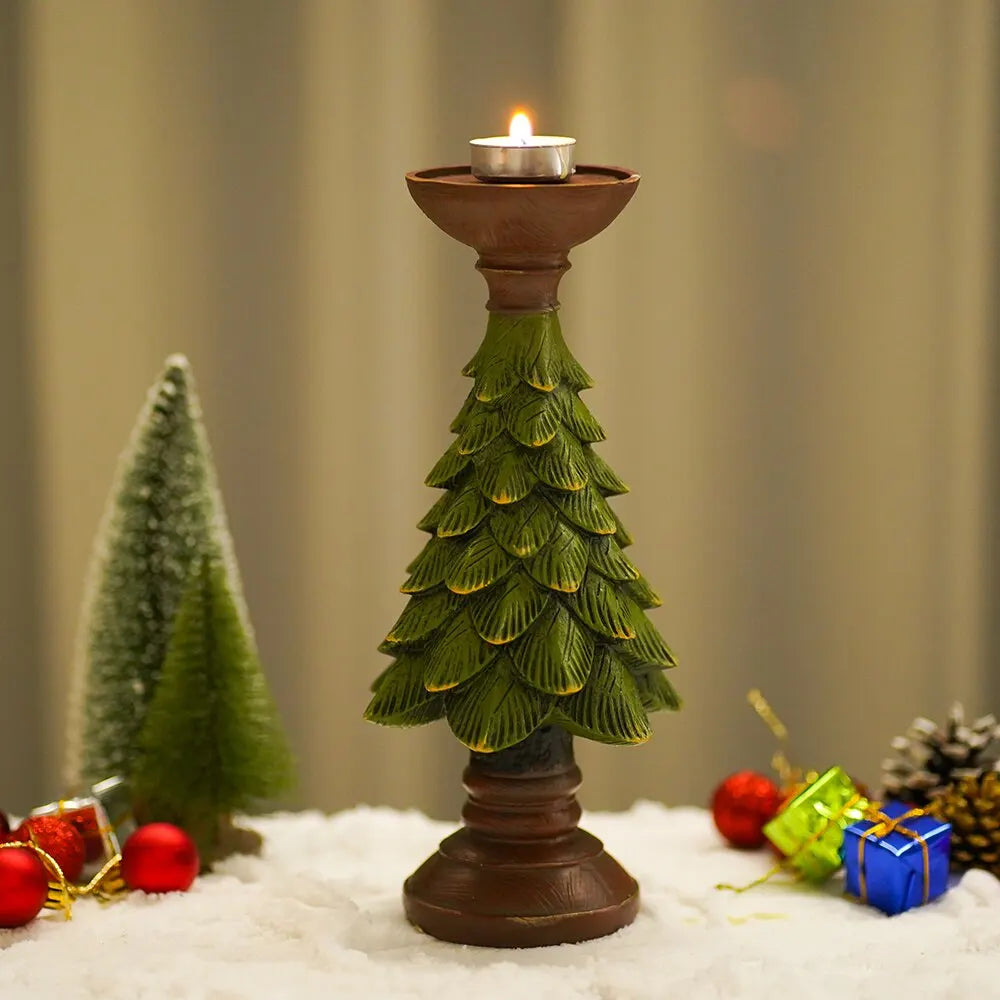 Resin Vintage Christmas Tree Candle Holder Figurines Decorative Candlestick Ornaments Holiday Noel Decoration Accessories Object